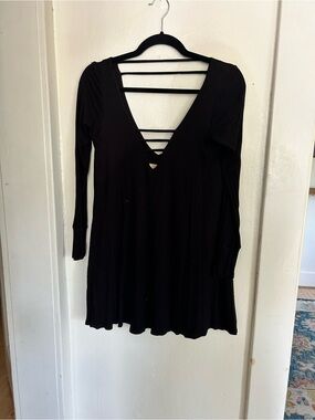 Black Ribbed Long Sleeve V-Neck Mini Dress with Strappy Back
